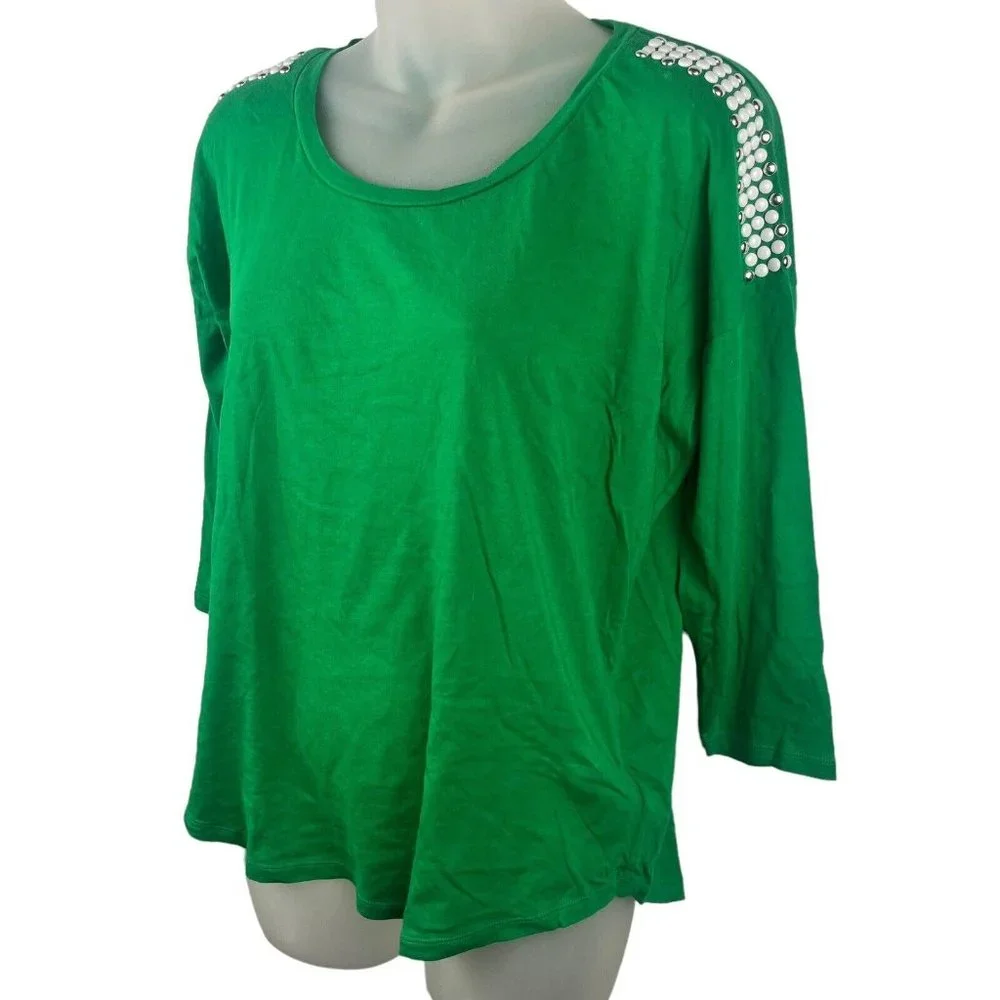 Michael Kors Green Shirt Beaded White Silver Long Sleeve Top Women's Size Medium